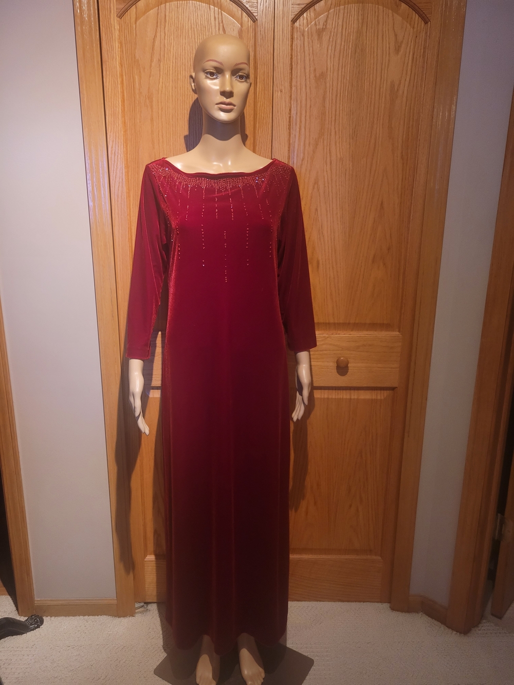 Women's Long Burgundy Velvet Maxi Dress with Beaded Detail